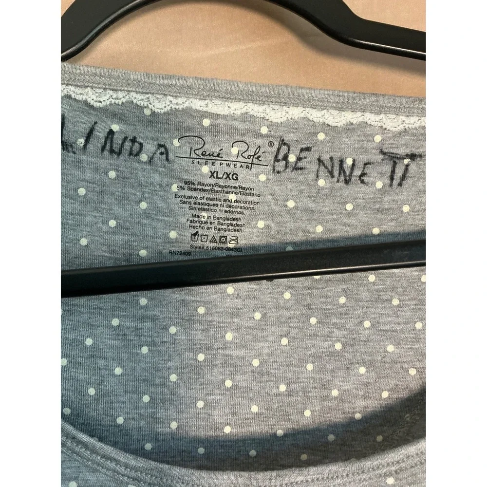 Rene Rofe Nightgown Womens XL Grey Polka Dot Good Lace Accent Sleep Shirt 518083